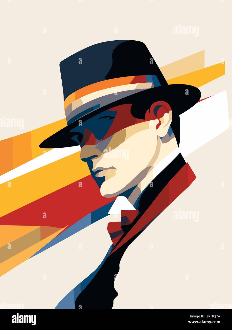 Ein Mann mit Hut und Krawatte mit farbigen, im Stil von Graphic Design Poster Art, filmische Eleganz, hochstilisierte Figuren, Hellzyan und Orange, St Stock Vektor
