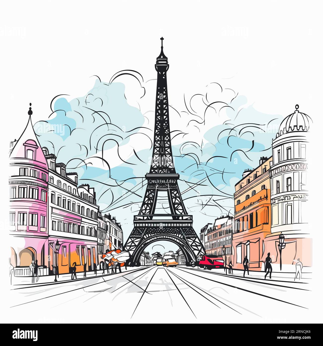 Eine Skizze des Eiffelturms in Paris, im Stil von bunten Straßenszenen, Farbverläufen, Himmelblau und Magenta, monochromatischen Landschaften, Licht Stock Vektor