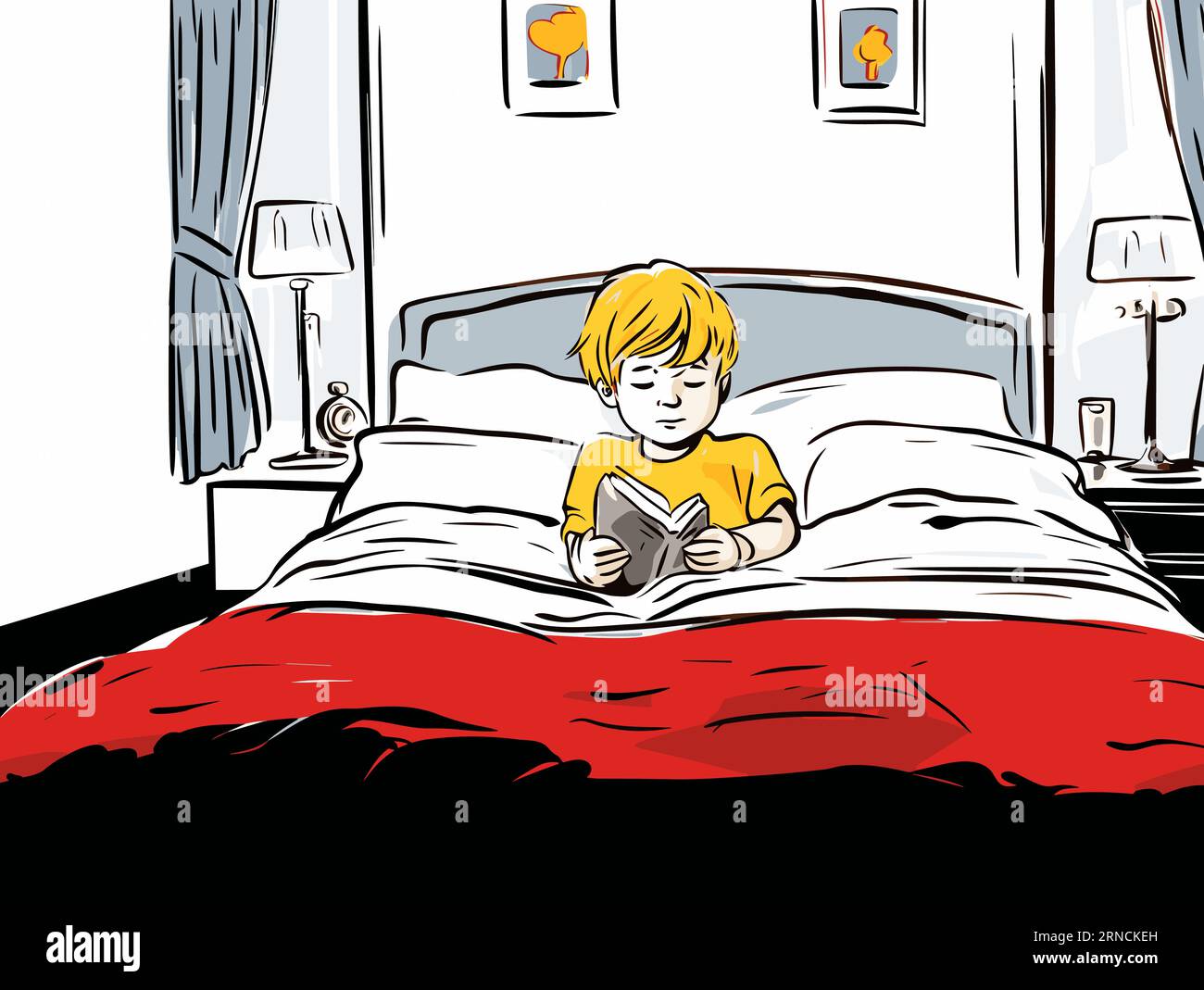 Junge, der auf Einem weißen Bett liegt und Ein rotes Hemd trägt, im Stil journalistischer Cartoons, Storybook Illustration Stock Vektor
