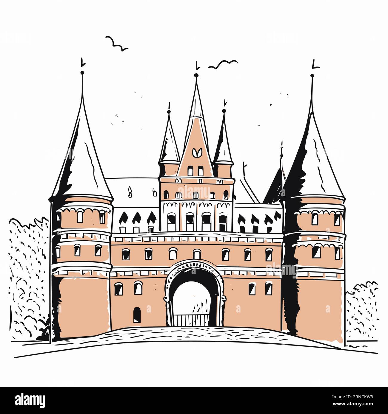 Eine Skizze eines alten Schlosses im Stil der niederländischen Tradition, ikonographische Symbolik, deutsche Romantik, bogenförmige Türen Stock Vektor