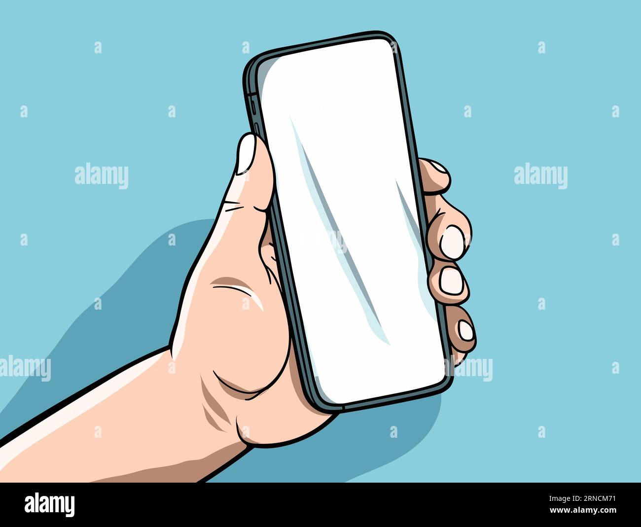 Hand Hält Smartphone-Bildschirm In Transparentem Fenster, Im Stil Der Pop Art Cartoonish Illustration, Hellblau Und Weiß, Glatte Oberflächen Stock Vektor