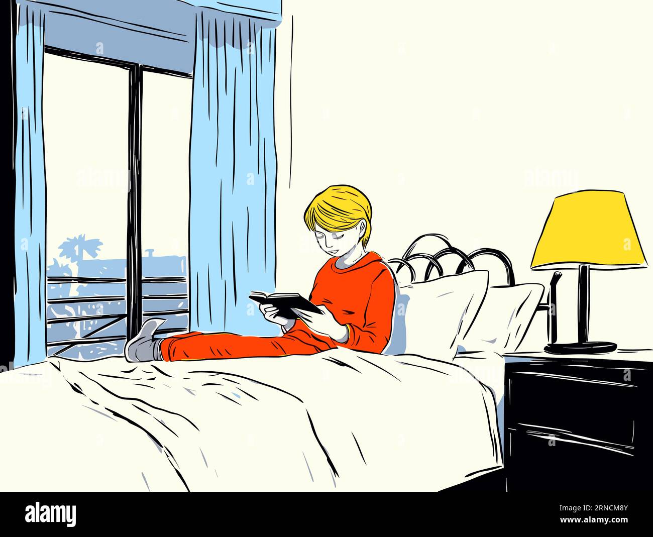 Mädchen, das auf Einem weißen Bett liegt und Ein rotes Hemd trägt, im Stil journalistischer Cartoons, Storybook Illustration Stock Vektor