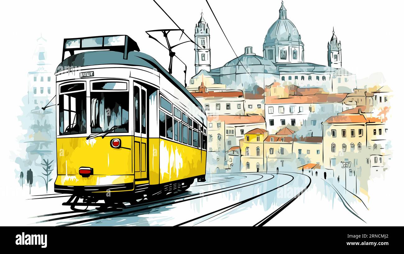 Eine gelbe Straßenbahn, die entlang der Straße fährt, mit der Lissabonner Stadtlandschaft dahinter, im Stil des Tintenwaschmalers Vector Llustration Stock Vektor