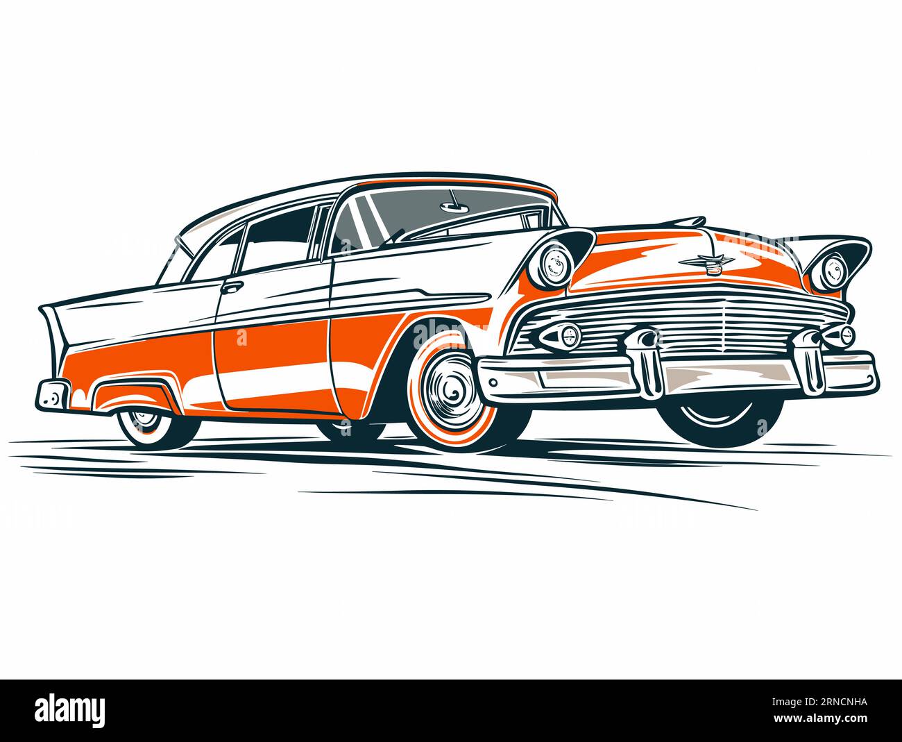 Ein Retro-orangefarbenes Auto auf weißem Hintergrund, im Stil von Holzschnitt-inspirierten Grafiken, Geschwindigkeit und Bewegung, Classic Tattoo-Motiven Stock Vektor