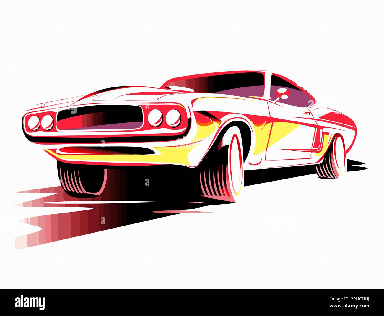 Klassisches Amerikanisches Auto Auf Isoliertem Weißem Hintergrund, Im Stil Von Speedpainting, Hellrot Und Pink, Ausdrucksstarkes Charakterdesign Stock Vektor