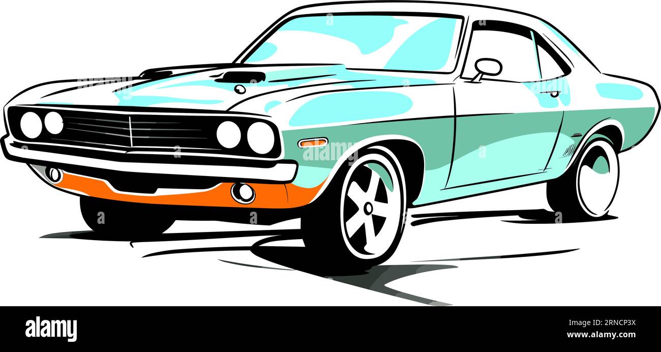 Retro Classic Car in Hellblau auf weißem Hintergrund, im Stil von Hellgrün und Orange, Fett, cartoonische Linien, sauber und scharfe Farbe Stock Vektor