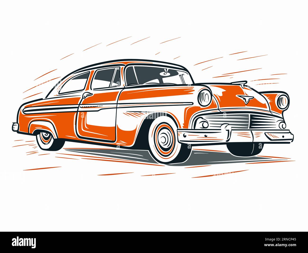 Ein orangefarbener Vintage 1950S Car Sketch auf weißem Hintergrund, im Stil von Geschwindigkeit und Bewegung, Holzschnitt und Linocut, cartoonistisches Charakter-Design Stock Vektor