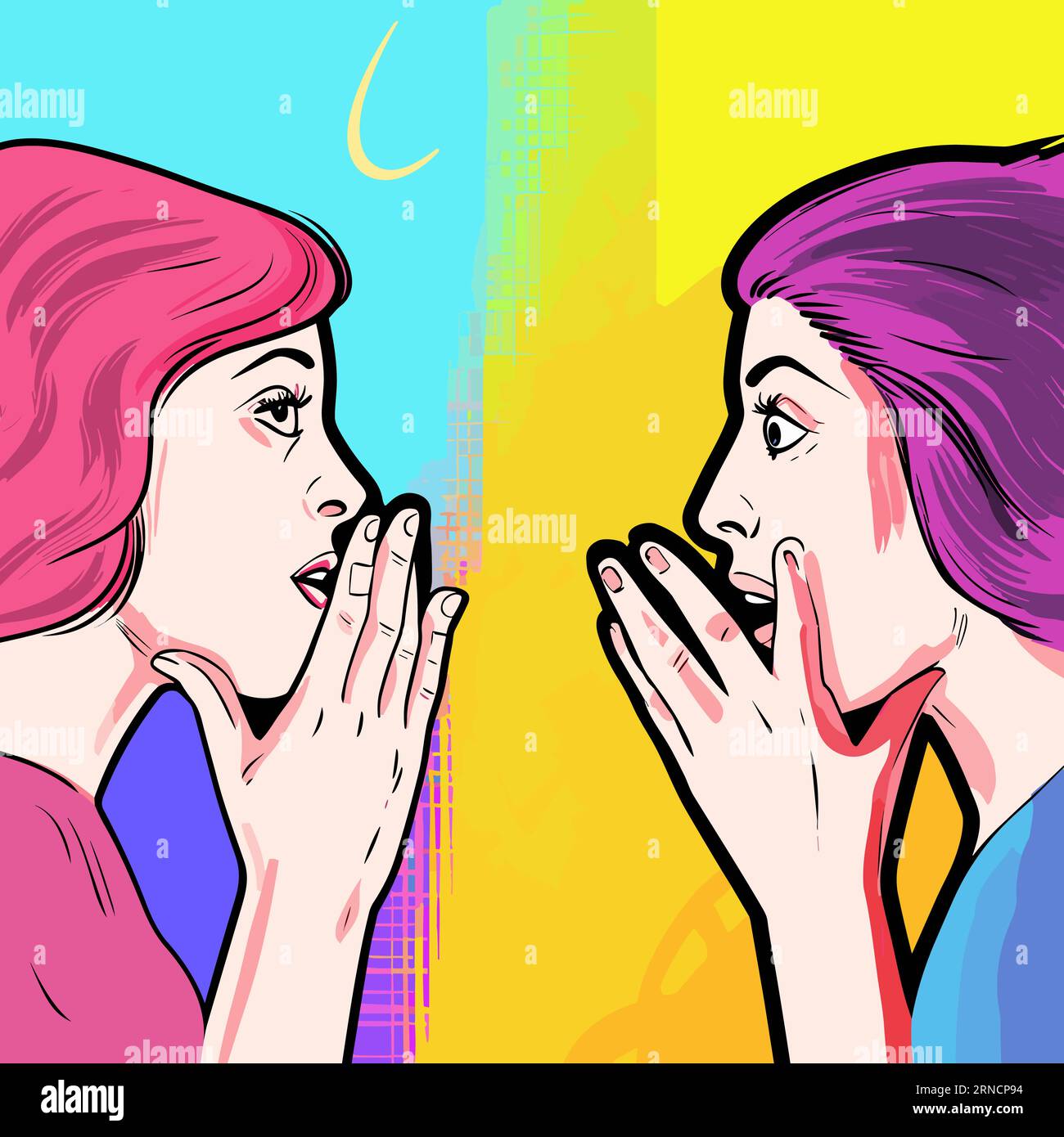 Zwei Frauen Sprechen Miteinander, Während Sie Handgesten Verwenden, Im Stil Albtraumhafter Illustrationen, Farbenfroher Träume, Unverwechselbarer Nasen Und Dunkler Nadel Stock Vektor
