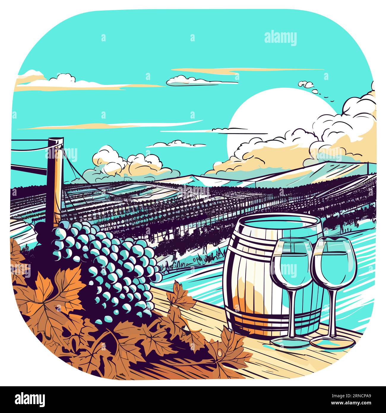 Eine Aquarell-Illustration von Trauben Weinen Fässern und Weinberg, im Stil der Pop Art Cartoonish Illustration, Küstenlandschaften, Fisheye-Effekte, Stock Vektor