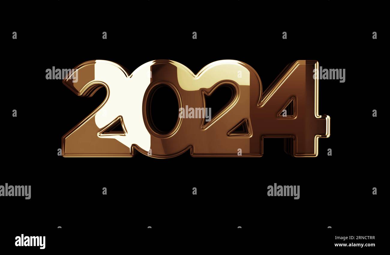 2024 Jahre futuristisches neues Konzept mit Neon-Goldglanz-Symbolen. Spektakuläres leuchtendes und reflektierendes Licht Symbol abstraktes Objekt 3D-Illustration. Stockfoto