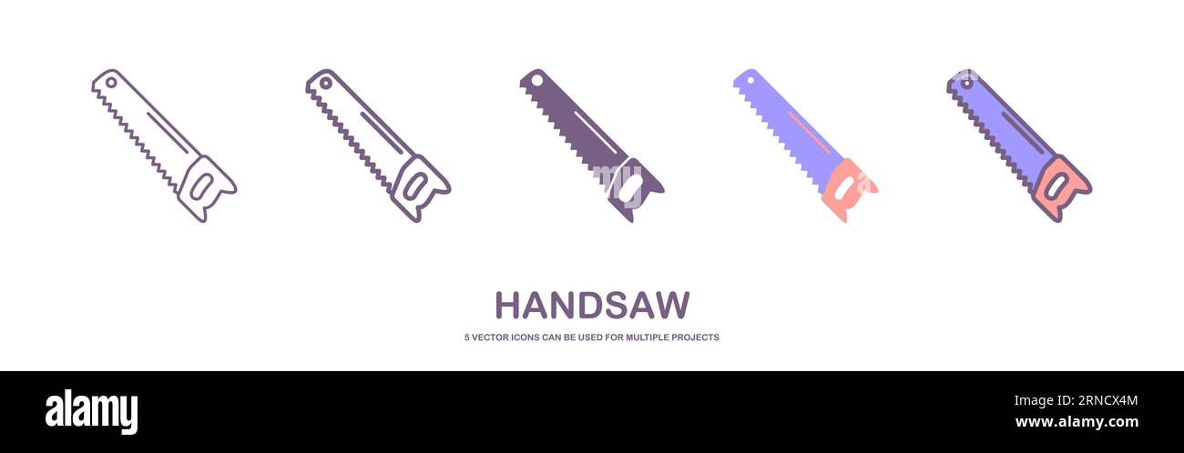Vektorsatz mit realistischen Bügelsägen-Symbolen. Säge für Garten. Handsäge Illustration, Metall, Holz und Porenbeton. Vektorillustration. Stock Vektor