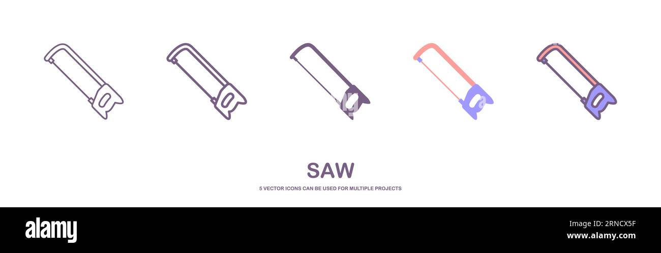 Vektorsatz mit realistischen Bügelsägen-Symbolen. Säge für Garten. Handsäge Illustration, Metall, Holz und Porenbeton. Vektorillustration. Stock Vektor