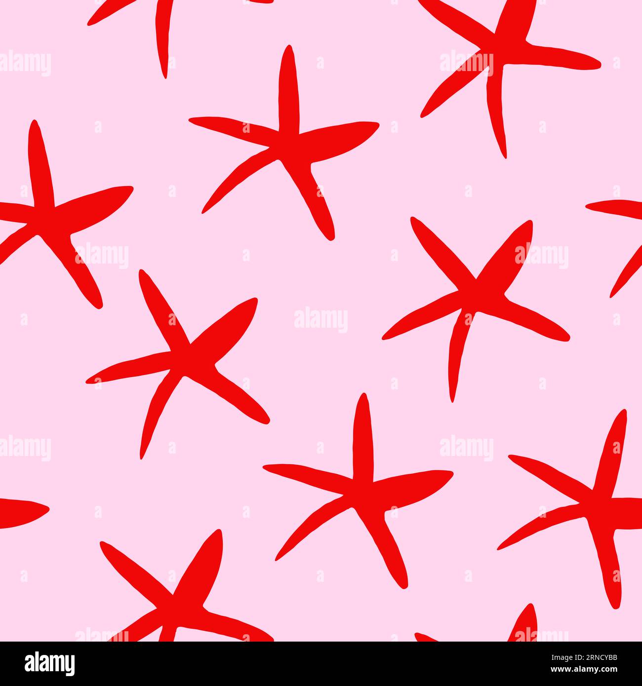 Nahtloses Vektormuster mit roten Seesternen, Meeressternen auf rosa Hintergrund. Einfaches Meeresmuster mit Meeressternen. Seestern, Muscheln, Seesterne. Vektorillustration Stock Vektor