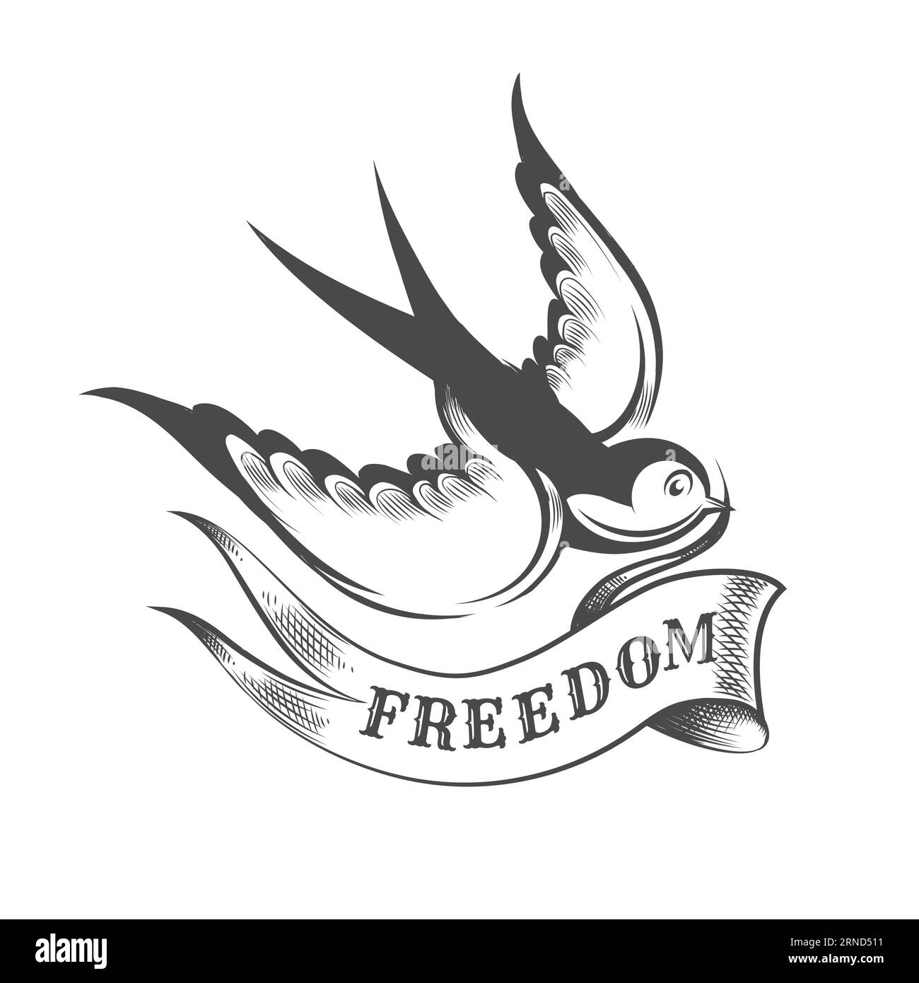 Einfarbige Gravur-Tätowierung von Flying Swallow und Band mit Schriftzug Freedom isoliert auf weiß. Vektorillustration Stock Vektor