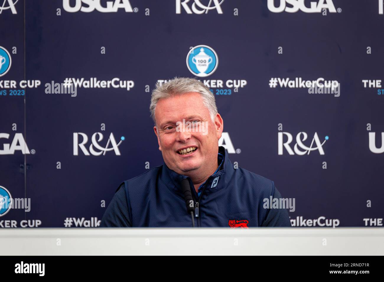 St. Andrews, Schottland. September 2023. Mannschaftskapitän Stuart Wilson während der Great Britain and Ireland Team Press Conference vor dem Walker Cup 2023. Großbritannien und Irland gehen diese Woche im 49. Walker Cup-Match gegen die Vereinigten Staaten von Amerika. Vor 100 Jahren wurde der Walker Cup erstmals in St. Andrews ausgetragen, da sich die beiden Seiten – bestehend aus zehn führenden männlichen Amateurgolfspielern – darauf vorbereiten, auf dem historischen Old Course zu kämpfen. Stockfoto
