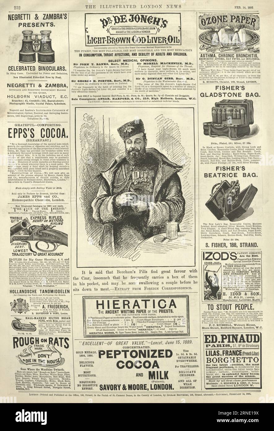 Seite der Zeitungsanzeigen Ozonpapier, Beechams Pills, Fisher;s Bags, Rat Posion, 1891 Stockfoto