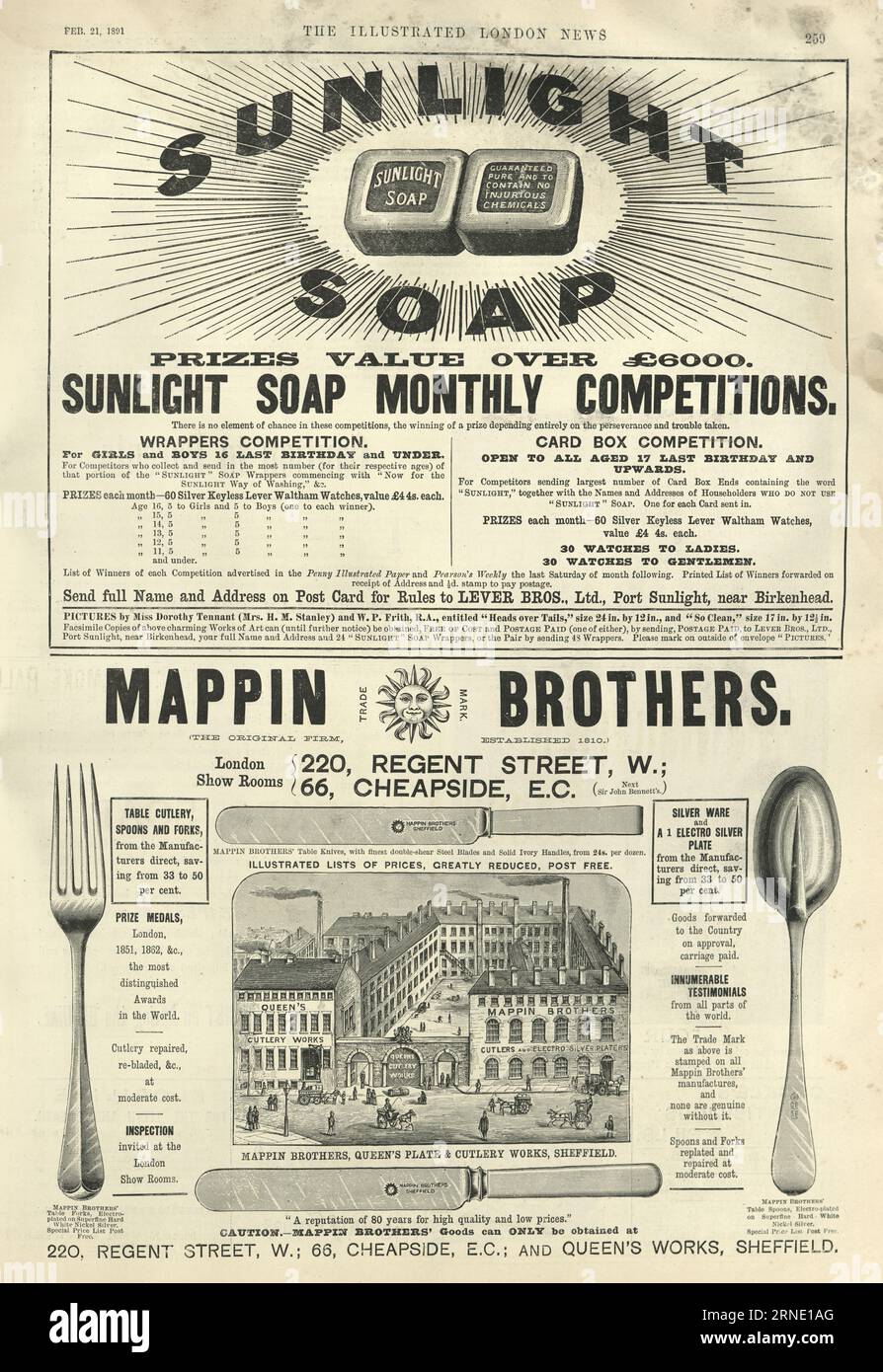 Seite viktorianischer Zeitungsanzeigen, 1890er Jahre, 19. Jahrhundert. Sonnenlichtseife, Mappin Brothers Besteck Sheffield Stockfoto