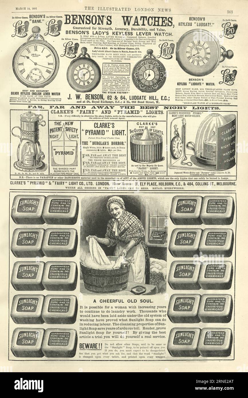 Seite mit viktorianischen Zeitungsanzeigen. Sonnenlichtseife, Bensons Uhren, Nachtlichter, 19. Jahrhundert Stockfoto