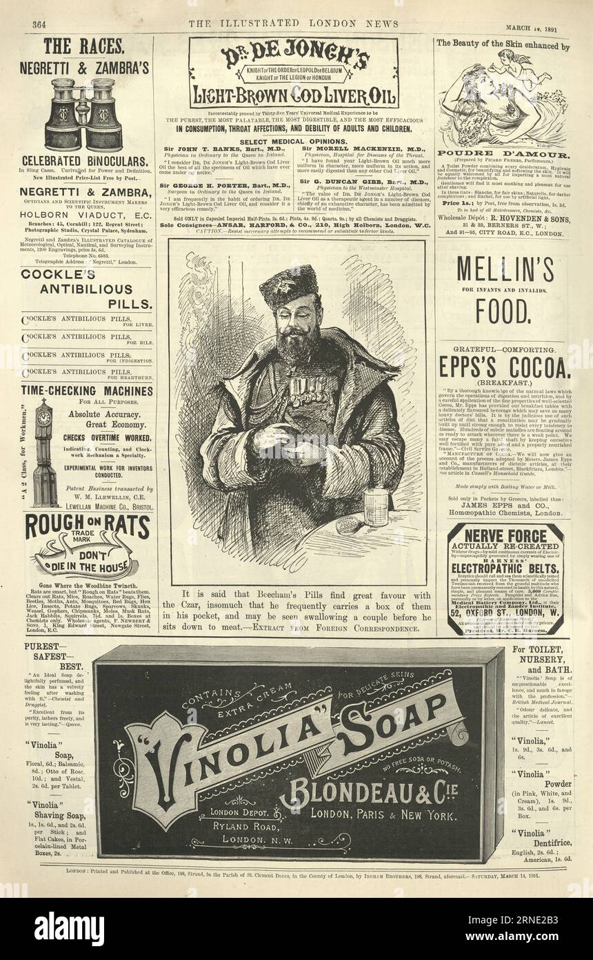 Seite mit viktorianischen Zeitungsanzeigen. Beechams Pillen. Rattengift, Vinolia-Seife, 19. Jahrhundert Stockfoto
