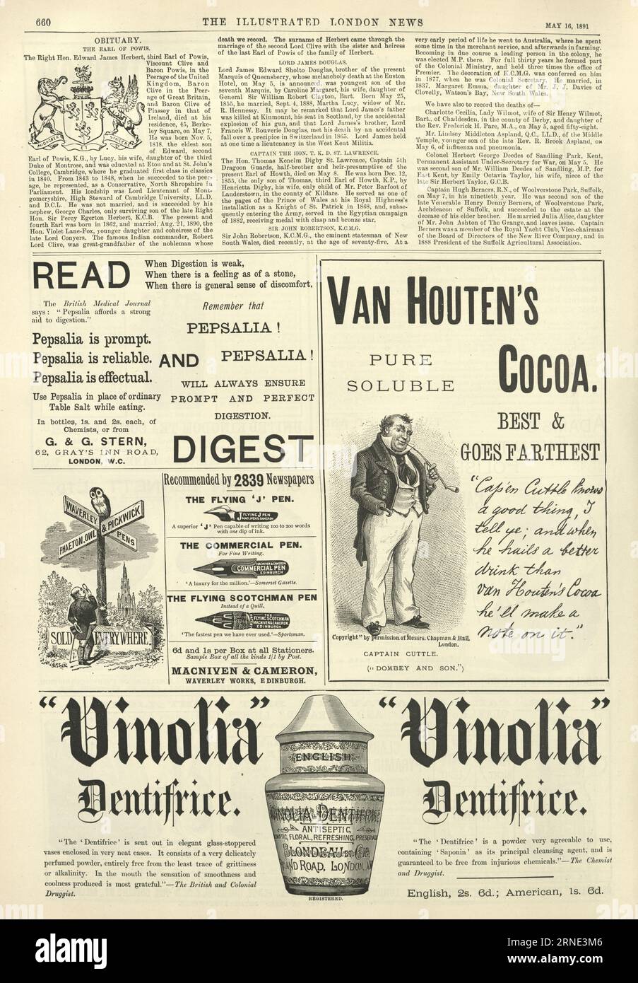 Viktorianische Zeitungsseite, Werbung, Charles Dickens, Cocoa, Zahnpasta Zahnpulver 1890er Jahre 19. Jahrhundert Stockfoto