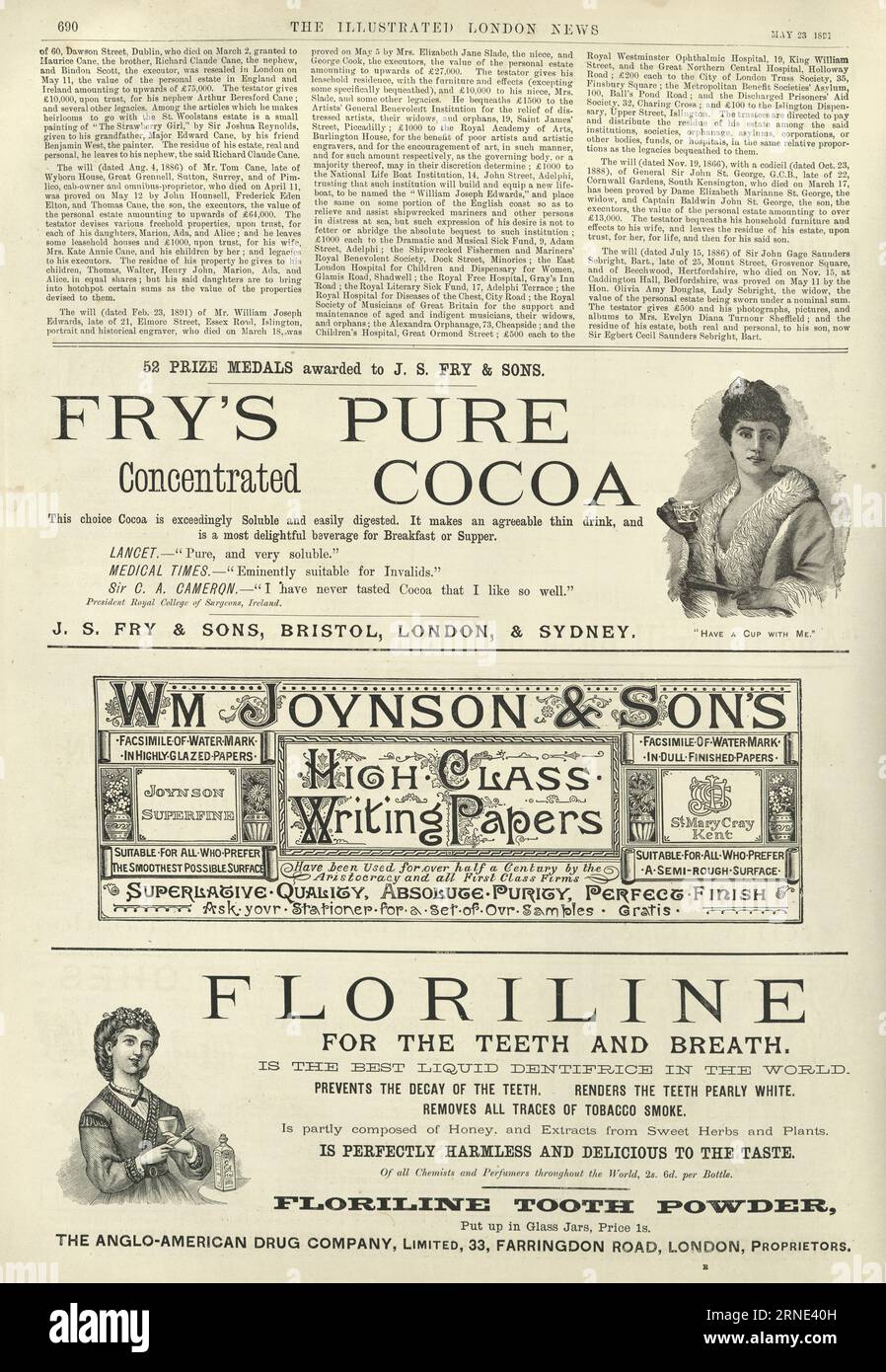 Viktorianische Zeitungsanzeigen, Fry's Pure Cocoa. Schreibpapier, Floriline für Zähne und Atem, 1890er Jahre Stockfoto