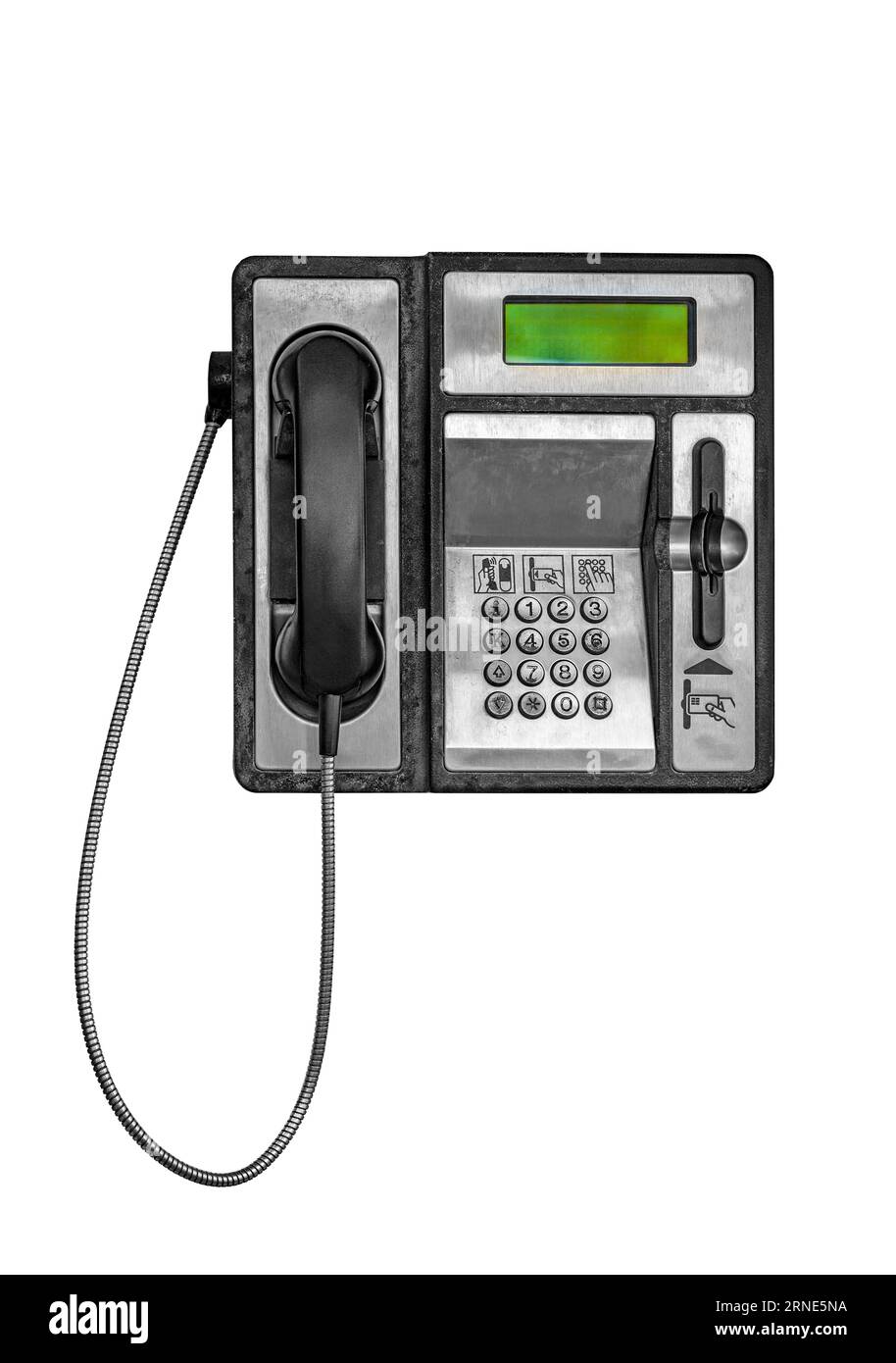 Altes öffentliches Münztelefon im Retro-Stil isoliert auf weißem Hintergrund, Vintage-Telefon mit Vorderansicht Stockfoto