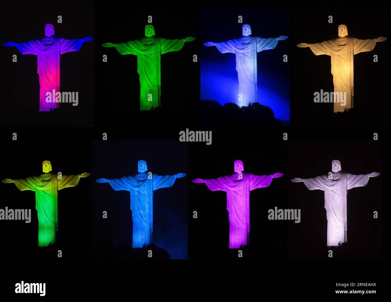 (160616) -- PEKING, 16. Juni 2016 -- das Combo-Foto aus dem Jahr 2014 zeigt die Statue des Erlösers Christus, beleuchtet mit verschiedenen Lichtfarben in Rio de Janeiro, Brasilien. Die Olympischen Spiele von Rio 2016 finden vom 5. Bis 21. August statt. )(wll) (SP)FILES-BRAZIL-RIO DE JANEIRO-OLYMPICS-CITY XuxZijian PUBLICATIONxNOTxINxCHN 160616 Beijing jun 16 2016 das Combo Photo aufgenommen 2014 zeigt die Statue Christi des Erlösers beleuchtet mit verschiedenen Farben des Lichts in Rio de Janeiro Brasilien die Rio 2016 Olympischen Spiele werden vom 5. Bis 21. August SP Held sein Dateien Brasilien Rio de Janeiro Olympics CIT Stockfoto