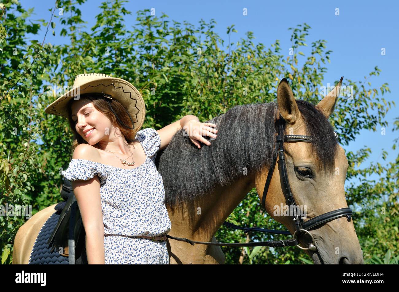 Porträt von Teenager-Mädchen und Pferd im Sommertag Stockfoto