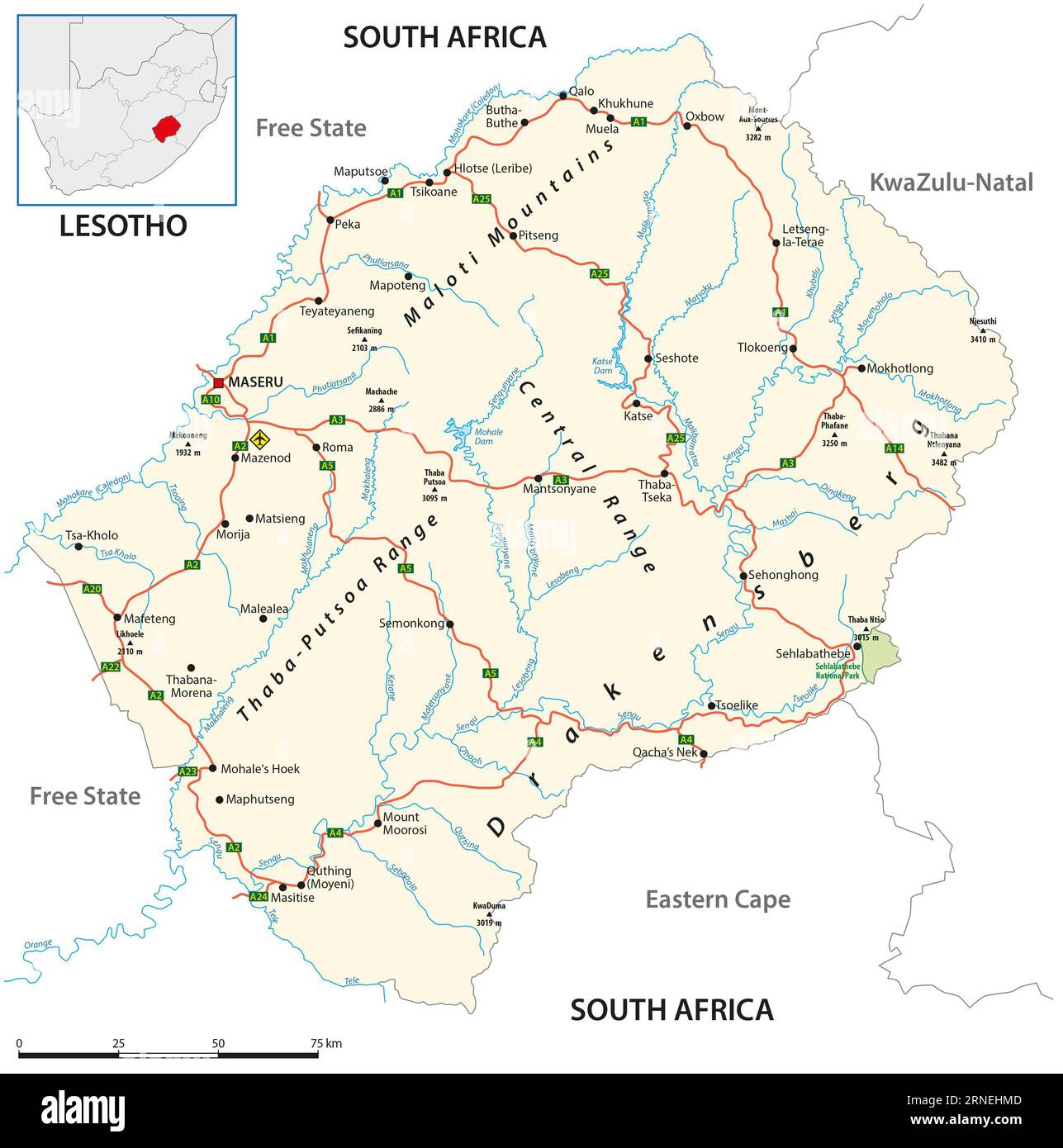 Vektor-Straßenkarte des Königreichs Lesotho Stockfoto