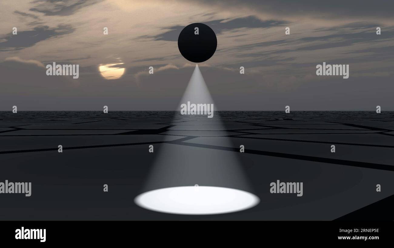 UFO fliegen und Scannen verlassenen Land, 3D Illustration Hintergrund Stockfoto