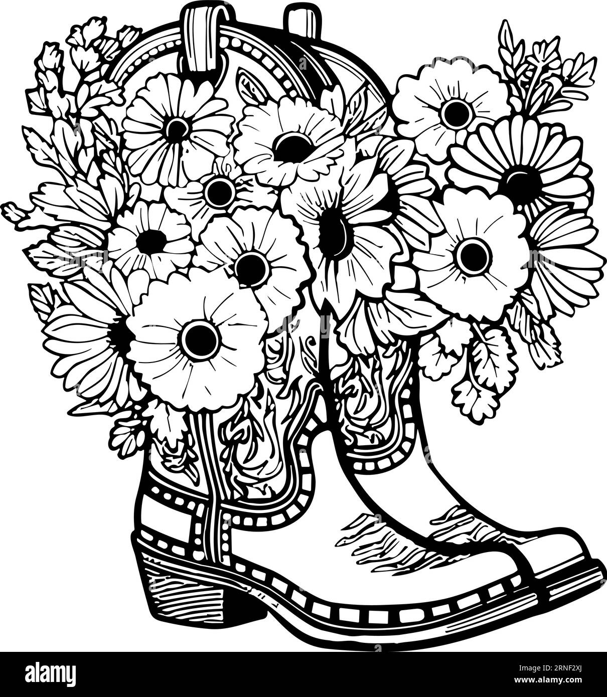 Cowboystiefel mit Blumen und Blättern. Blumendekoration. Konturvektorillustration isoliert auf weiß für Design, Grußkarten, Drucken Stock Vektor