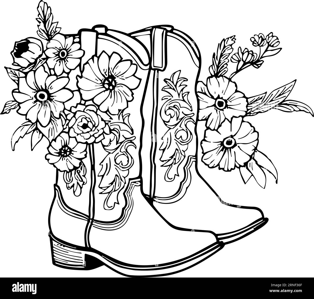 Cowboystiefel mit Blumen und Blättern. Blumendekoration. Konturvektorillustration isoliert auf weiß für Design, Grußkarten, Drucken Stock Vektor