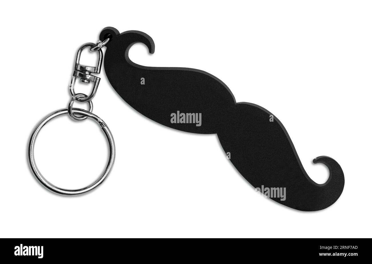 Schwarzer Schnurrbart-Schlüsselring aus Kunststoff, ausgestanzt auf weiß. Stockfoto