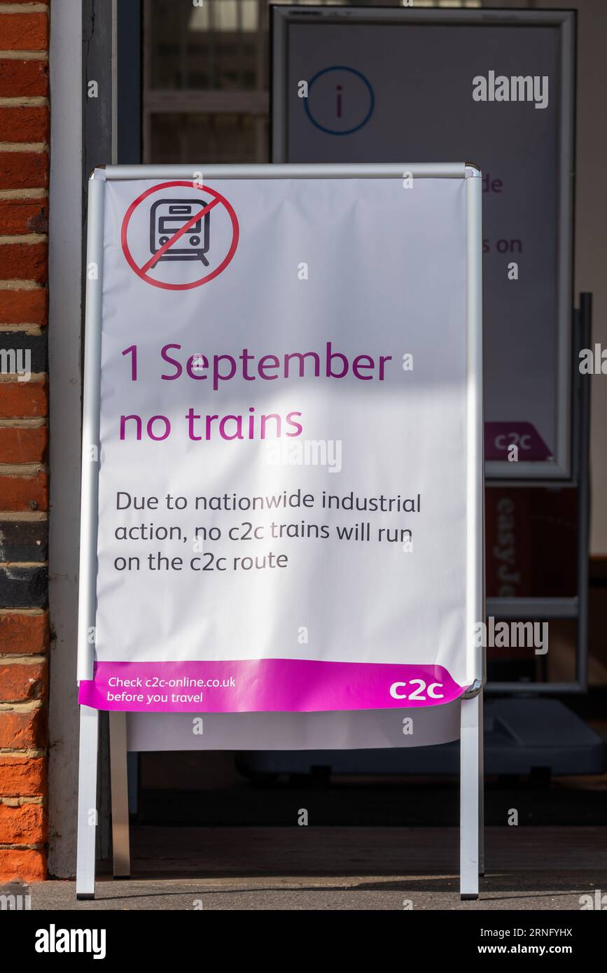 Bekanntmachung von Arbeitskampfmaßnahmen auf der c2c-Bahn, die am 1. September 2023 keine Züge zur Folge hatte Stockfoto