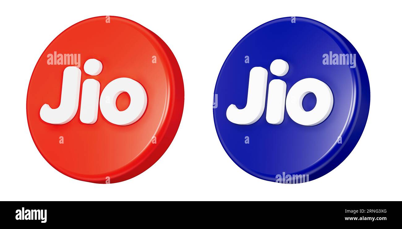 September 2023. Das Reliance Jio Infocomm Limited Logo, Jio, ist ein indischer Mobilfunkbetreiber. 3D-Abbildung des Logos Stockfoto