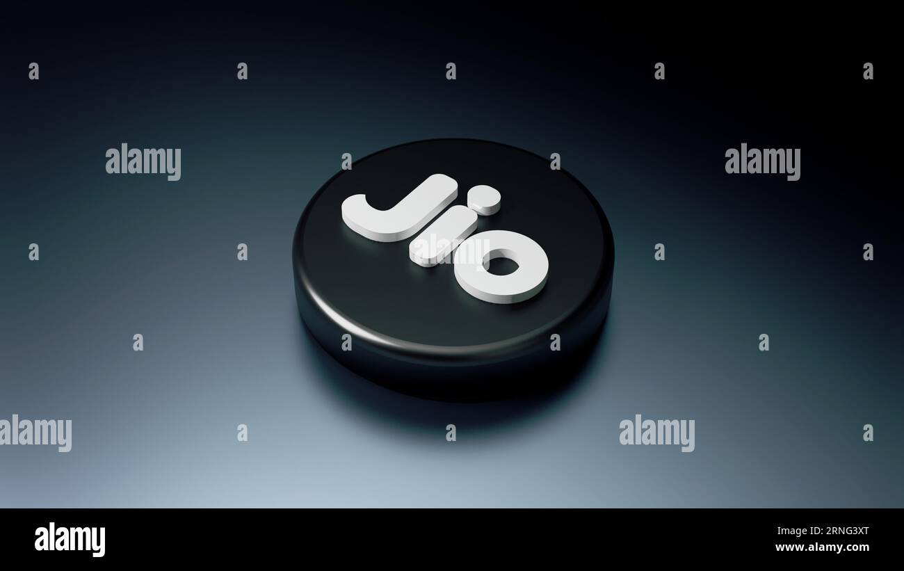 September 2023. Das Reliance Jio Infocomm Limited Logo, Jio, ist ein indischer Mobilfunkbetreiber. 3D-Abbildung mit schwarzem Logo Stockfoto