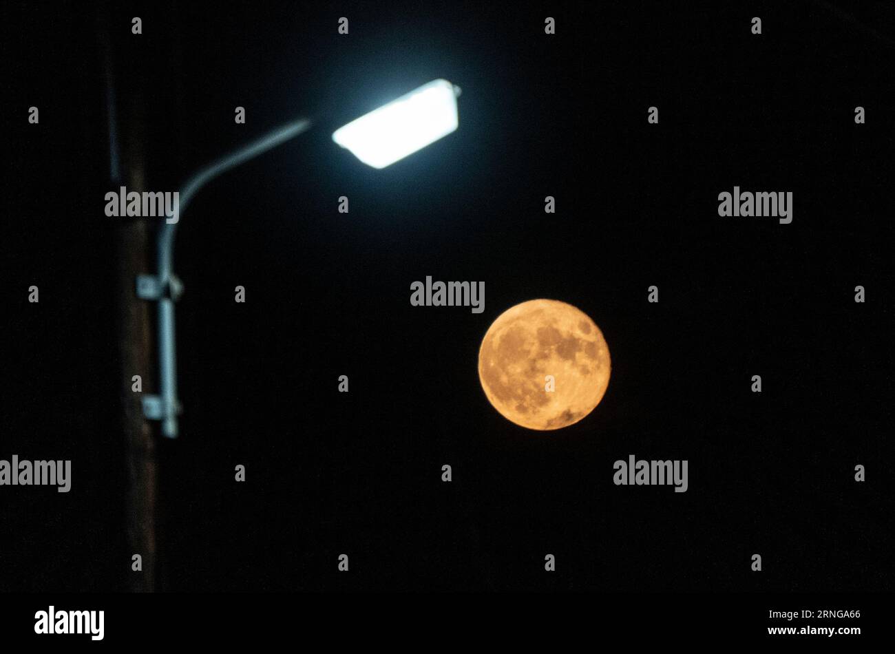 Eine Straßenlaterne und ein Vollmond beleuchten die Straße um Mitternacht während eines Supermonds in Griechenland Stockfoto