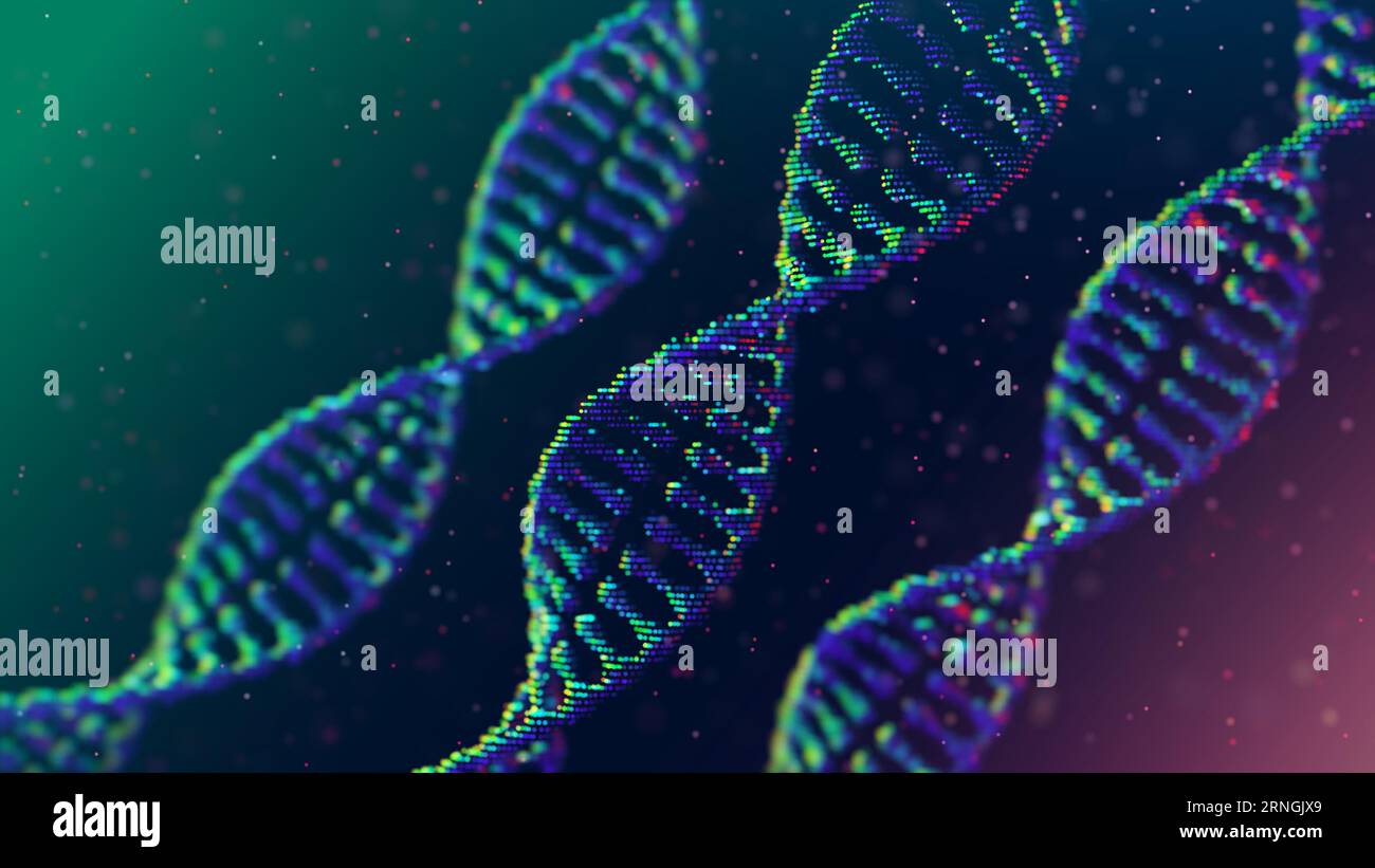 Drei DNA-Stränge, Hintergrund einer wissenschaftlichen Publikation. Tiefe des Feldes. Säurefarben. Stock Vektor