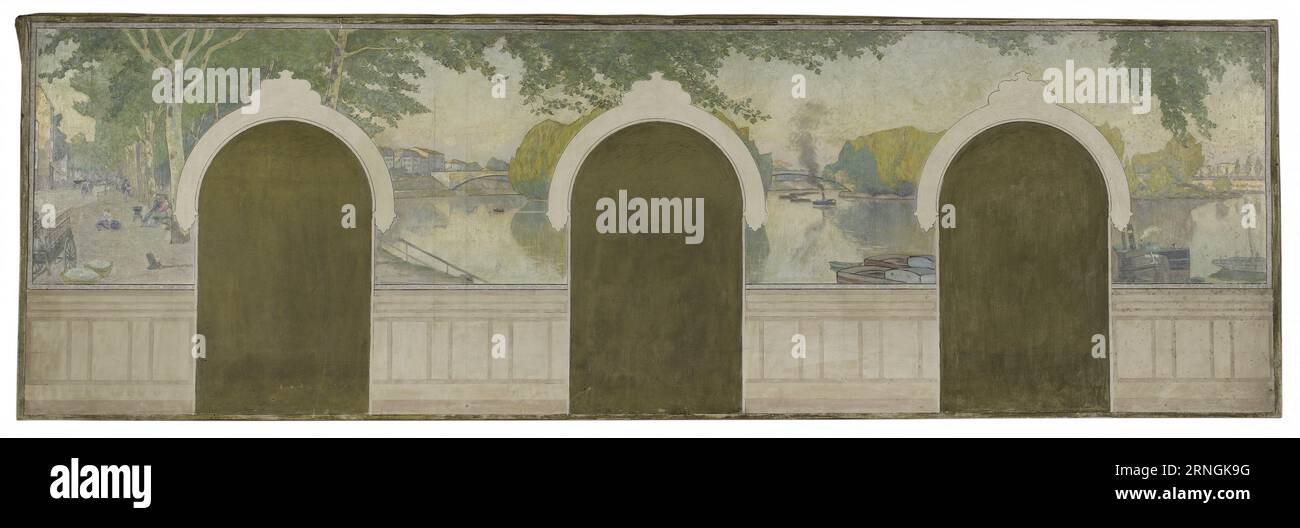 Esquisse pour la mairie d'Asnières : La seine au pont de Clichy. Um 1900 von Henry Bouvet Stockfoto