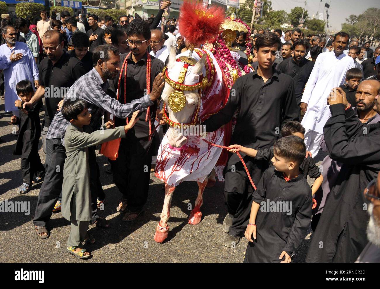 (161010) -- KARACHI (PAKISTAN), 10. Oktober 2016 -- pakistanische schiitische Muslime nehmen am 10. Oktober 2016 an einer Muharram-Prozession in der südpakistanischen Hafenstadt Karachi Teil. Der islamische Monat Muharram markiert das Martyrium von Mohammeds Enkel Imam Hussein, der im 7. Jahrhundert bei einer Schlacht in Karbala im heutigen Irak getötet wurde. (Sxk) PAKISTAN-KARACHI-MUHARRAM-PROZESSION Masroor PUBLICATIONxNOTxINxCHN Karachi Pakistan 10 2016 pakistanische schiitische Muslime nehmen AM 10. Oktober 2016 AM Islamischen Monat Muharram Marks the Martyr an einer Muharram-Prozession in der südpakistanischen Hafenstadt Karachi Teil Stockfoto