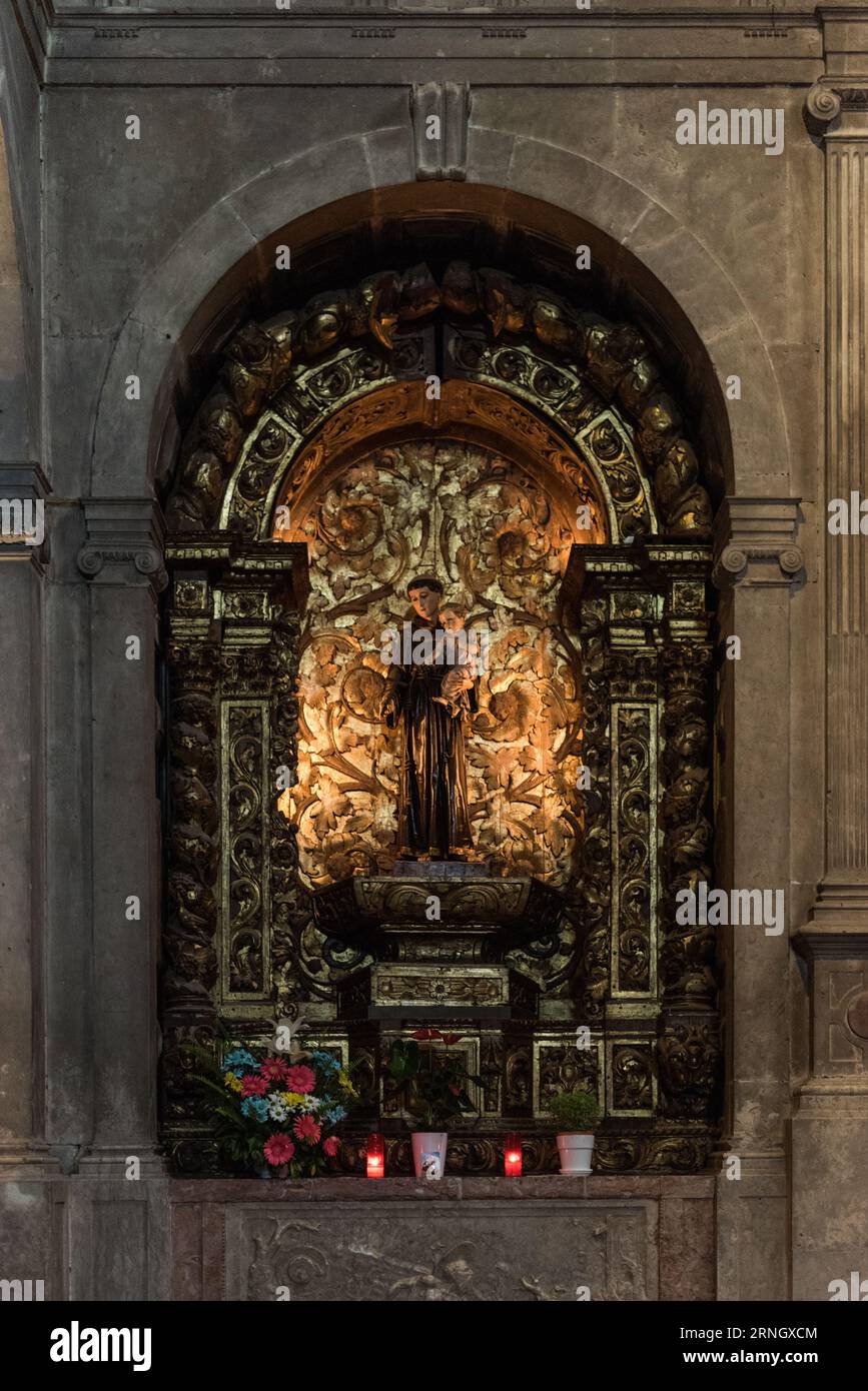 Mosteiro dos Jeronimos Skulptur des Heiligen Antonius Belem Portugal // BELEM, Portugal — Eine Skulptur des Heiligen Antonius (Santo Antonio) steht in einer Seitenkapelle des Mosteiro dos Jeronimos. Das Kloster, auch bekannt als Jerónimos-Kloster, ist ein UNESCO-Weltkulturerbe im Belem-Viertel von Lissabon. Der Heilige Antonius von Padua, auf Portugiesisch Santo Antonio genannt, wird weithin als schutzheiliger der verlorenen Dinge verehrt und wird besonders in Portugal, seinem Geburtsland, geliebt. Der Mosteiro dos Jeronimos wurde im 16. Jahrhundert erbaut und ist eines der bedeutendsten Beispiele Portugals Stockfoto