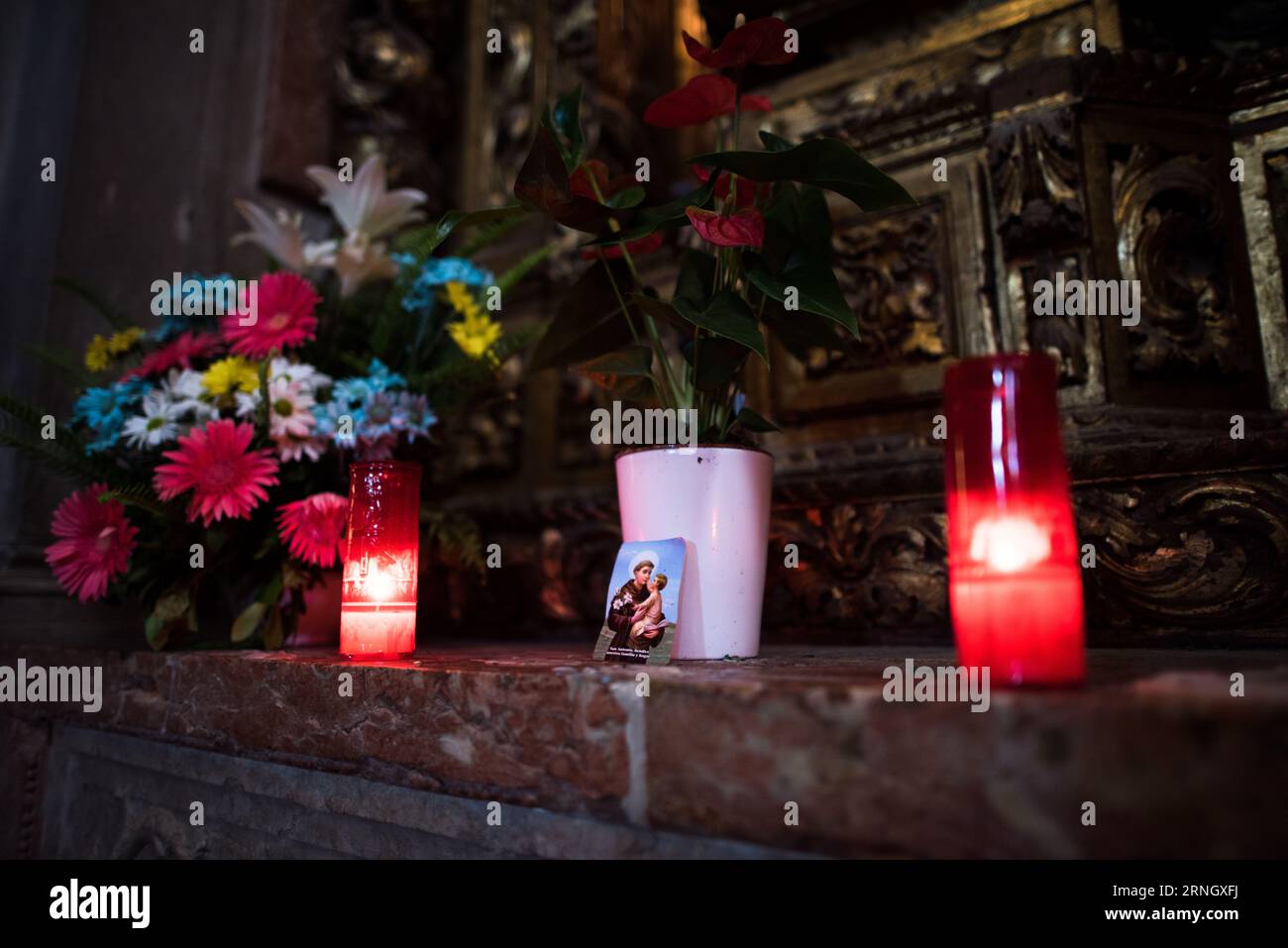 BELEM Portugal // BELEM, Portugal — Kerzen, Votive, Blumen und eine Karte des Heiligen Antonius ruhen auf einem Vorsprung an einem Altar in Mosteiro dos Jeronimos. Das Kloster, das zum UNESCO-Weltkulturerbe gehört, wurde im 16. Jahrhundert erbaut und stellt eines der bedeutendsten Beispiele der Manuelinarchitektur Portugals dar. Der Heilige Antonius von Padua, geboren in Lissabon, wird weithin als schutzheiliger der verlorenen Dinge verehrt und wird besonders in der portugiesischen katholischen Tradition geliebt. Das Kloster Jeronimos diente als spirituelles Zentrum für portugiesische Entdecker Stockfoto