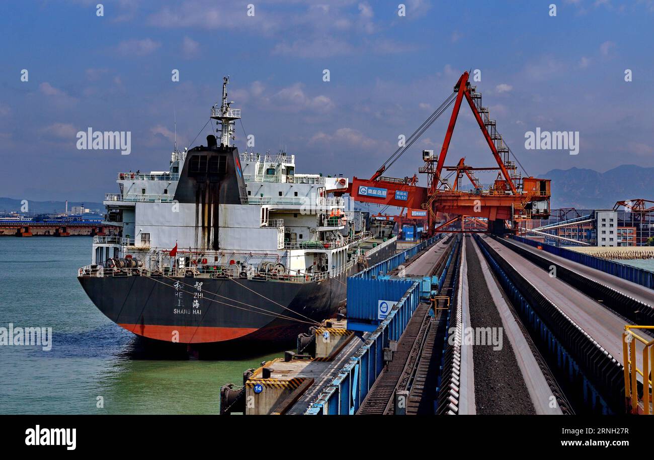 (161023) -- QINHUANGDAO, 23. Oktober 2016 -- Ein Frachtschiff ankert am Kohledock des Hafens Qinhuangdao, nordchinesische Provinz Hebei, 1. Juli 2016. Der Durchsatz des Hafens Qinhuangdao erreichte in den ersten drei Quartalen dieses Jahres 695 Millionen Tonnen, was einem Anstieg von 1,5 Prozent gegenüber dem Vorjahr entspricht. ) (wf) CHINA-HEBEI-QINHUANGDAO PORT-THROUGHPUT (CN) YangxShiyao PUBLICATIONxNOTxINxCHN QINHUANGDAO OCT 23 2016 A Cargo Vessel Anchors AT the Coal Dock of Qinhuangdao Port North China S Hebei Province 1. Juli 2016 der Durchsatz des Qinhuangdao Ports erreichte in den ersten drei Quartalen dieses Jahres einen Anstieg von 1 695 Millionen Tonnen Stockfoto