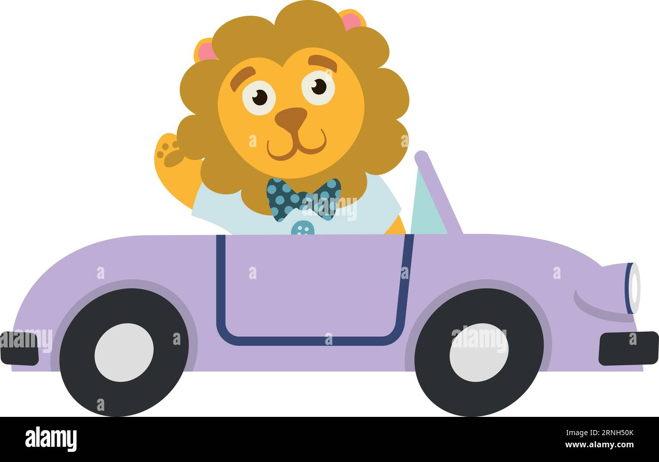 Lustiger Löwe im Cartoon-Auto. Wilde Tierreisen Stock Vektor