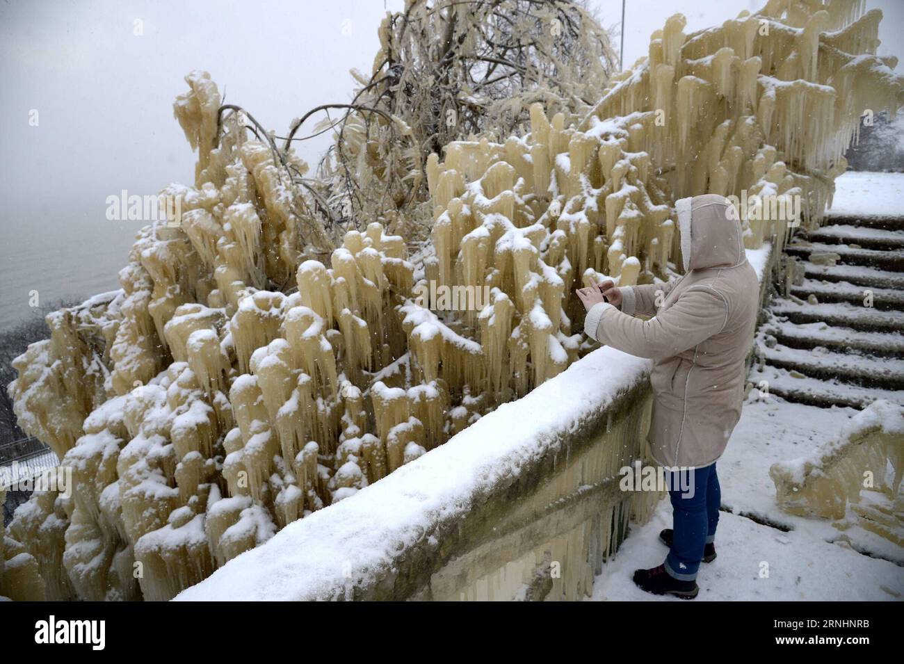 (161201) -- VALASTE, 1. Dezember 2016 -- Foto aufgenommen am 1. Dezember 2016 zeigt die Landschaft am Wasserfall Valaste nach einem starken Eissturm im Nordosten Estlands. Der Valaste-Wasserfall, der sich auf der Ontika-Kalkfelsen befindet, ist mit seinem Fall von 30 Metern der höchste in Estland. ) ESTLAND-VALASTE-WASSERFALL SergeixStepanov PUBLICATIONxNOTxINxCHN DEZ 1 2016 Foto aufgenommen AM DEZ 1 2016 Zeigen Sie die Landschaft AM Wasserfall nach einem starken EISSTURM im Nordosten Estlands der Wasserfall liegt AUF der Kalksteinklippe und IST der höchste in Estland mit seinem Fall von 30 Meter Estland Wasserfall SergeixStepanov PUBLICATIONx Stockfoto