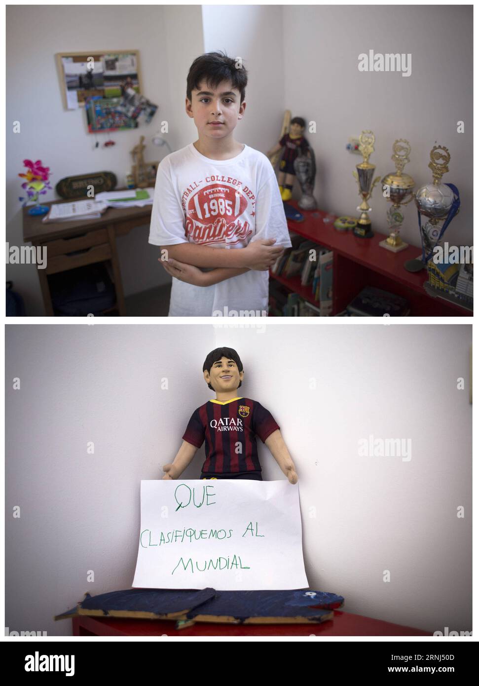 (170101) -- BUENOS AIRES, 1. Januar 2017 -- Bilder aufgenommen am 29. Dezember 2016 zeigt Bruno, zehn Jahre alt, in seinem Zimmer posiert, mit einem Schreiben, das seinen Wunsch nach 2017 in Buenos Aires, Argentinien, verrät. Bruno wünscht, dass die argentinische Fußballnationalmannschaft an der Fußball-Weltmeisterschaft 2018 teilnehmen kann. Martin Zabala) (sxk) ARGENTINA-BUENOS AIRES-SOCIETY-NEW YEAR-FEATURE e MARTINxZABALA PUBLICATIONxNOTxINxCHN Buenos Aires Jan 1 2017 Bilder aufgenommen AM DEC 29 2016 zeigt Bruno Ten Years Old in seinem Zimmer mit einer Schrift, die seinen Wunsch für 2017 in Buenos Aires argentina erklärt Bruno wünscht Thatcher den Argen Stockfoto