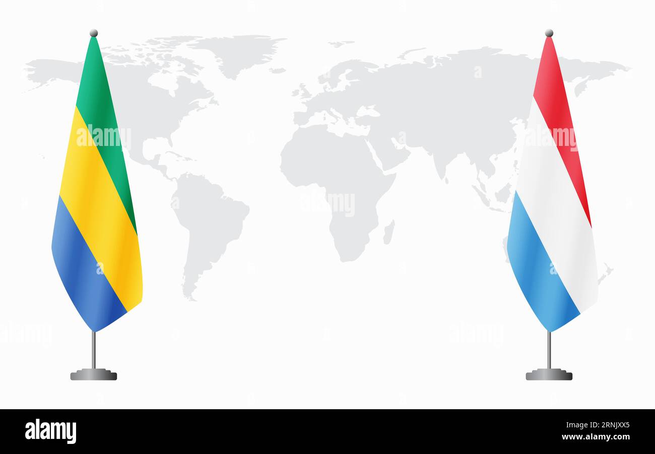 Gabun und Luxemburg Flaggen zum offiziellen Treffen vor dem Hintergrund der Weltkarte. Stock Vektor