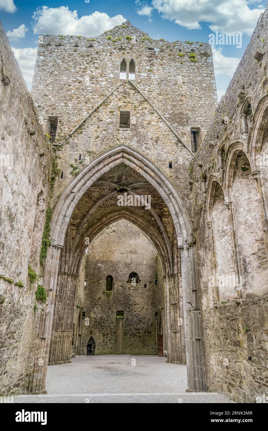 Ruine gotische Abtei auf dem Felsen von Cashel mit majestätischen gotischen Bögen und Fenstern Stockfoto