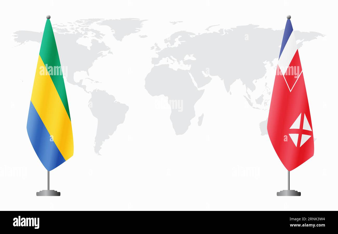 Gabun und Wallis und Futuna Flaggen für offizielles Treffen vor dem Hintergrund der Weltkarte. Stock Vektor