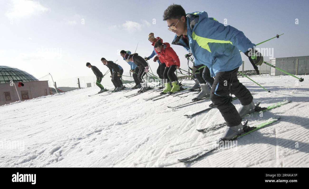 (170316) -- WUHAN, 16. März 2017 -- Foto vom 4. Februar 2017 zeigt, dass Touristen im Bailihuang Ski Resort in Yichang, der zentralchinesischen Provinz Hubei, Ski fahren. Die chinesische Sportindustrie konnte 2016 mit einem soliden und stetigen Entwicklungstempo aufwarten. Das nationale Fitnessprogramm (2016-2020) und der 13. Fünfjahresplan für die Sportindustrie wurden beide 2016 herausgegeben, um eine klare Richtung für Chinas nationale Strategie zur Gewährleistung der öffentlichen Fitness und der Entwicklung der Sportindustrie zu geben. Chinas Allgemeine Verwaltung des Sports, zusammen mit vielen anderen nationalen Regierungsbehörden Stockfoto